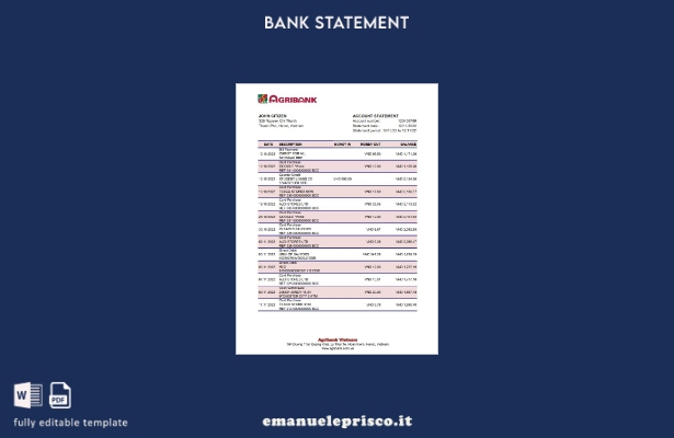 modello Excel di estratto conto bancario Vietnam Agribank in stile verificato